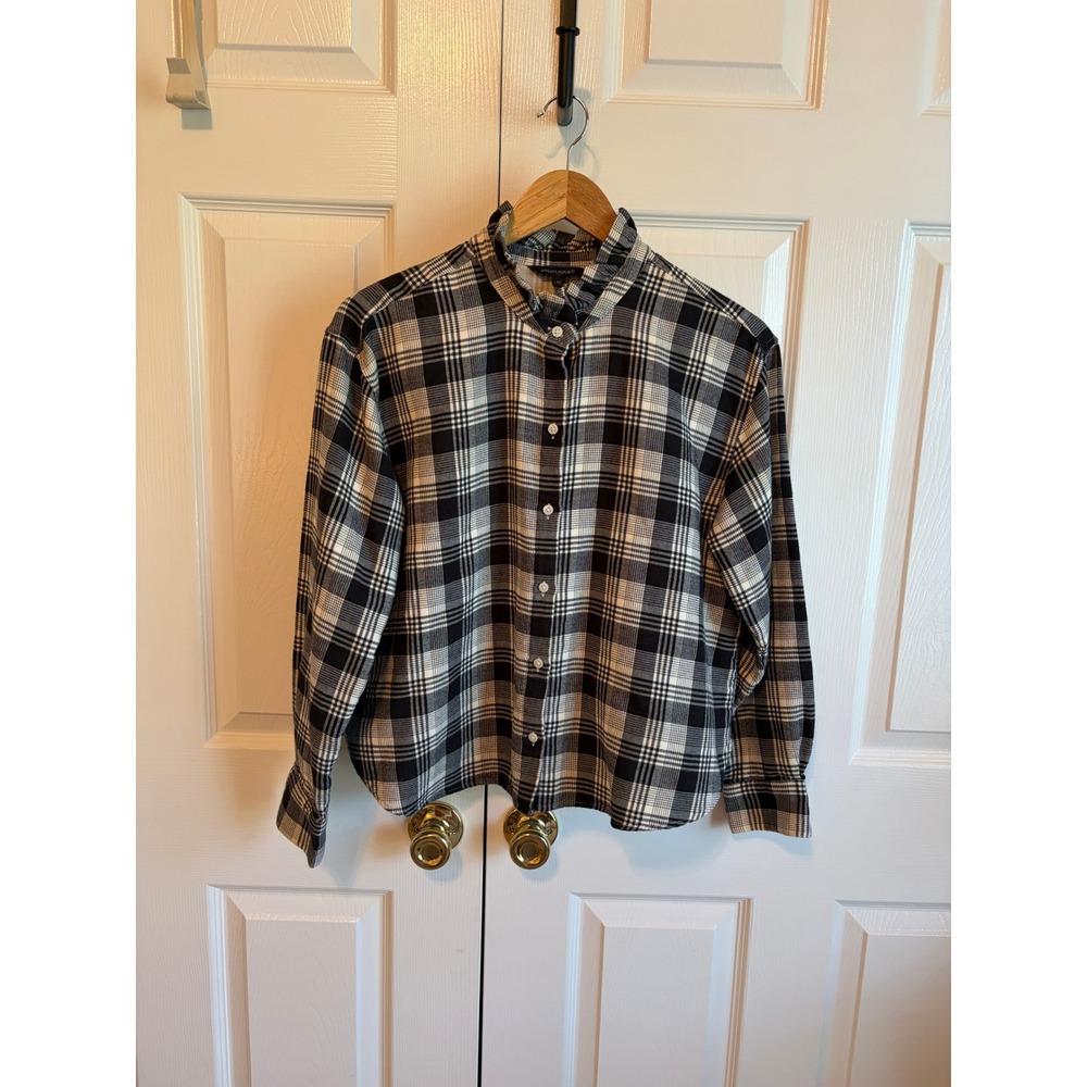 Banana Republic Womens M Plaid Ruffle Neck Button Down Cotton Blouse Black White